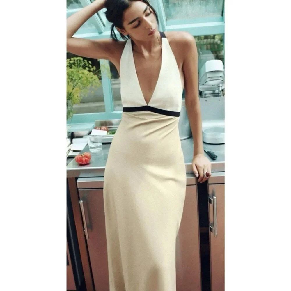 Zara Womens Midi Dress Medium Sand Colorblock V-Neck Linen Blend 8345/328 NWT